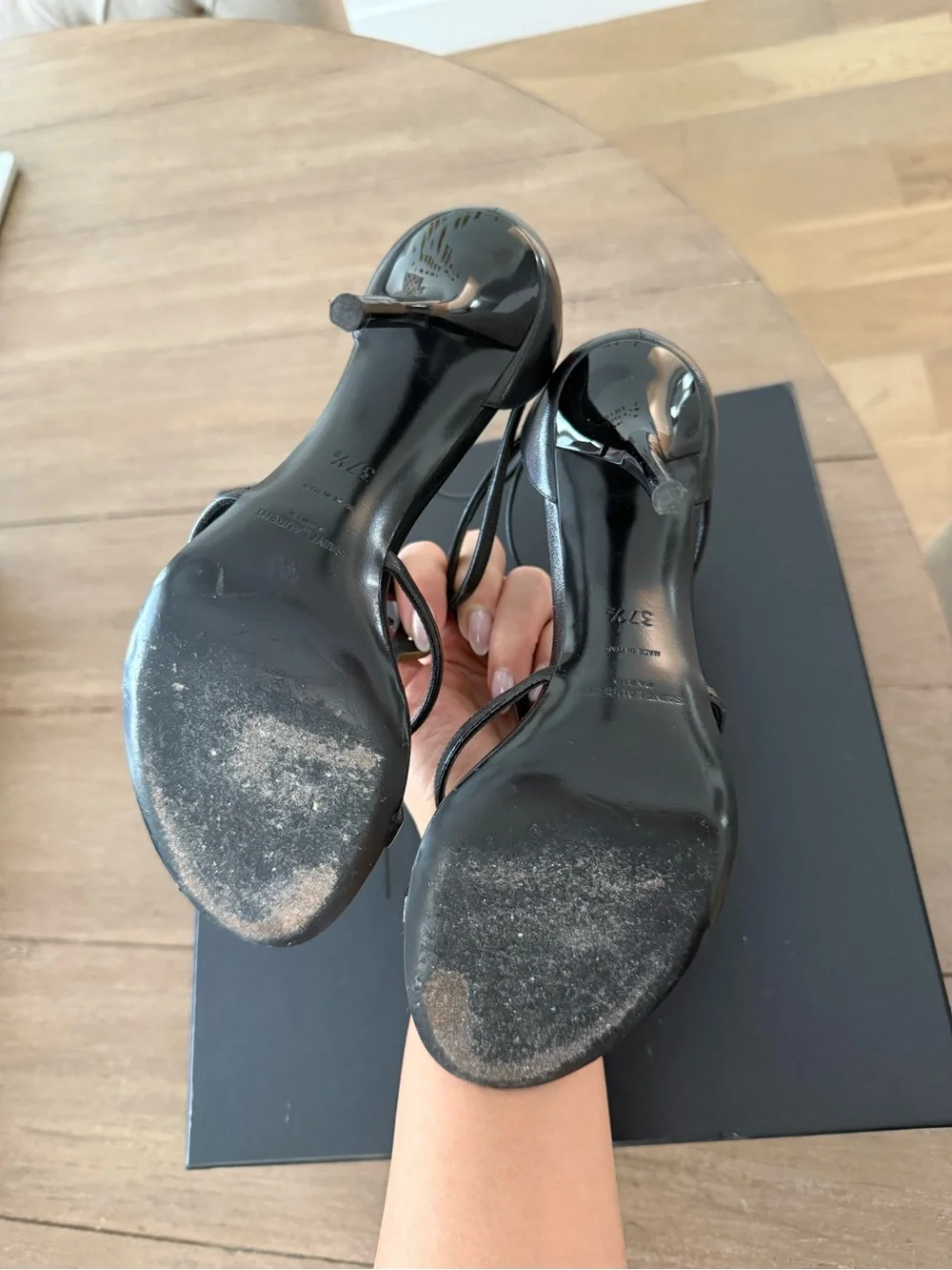 Saint Laurent Black Leather Heels with Gold YSL Logo T-Strap